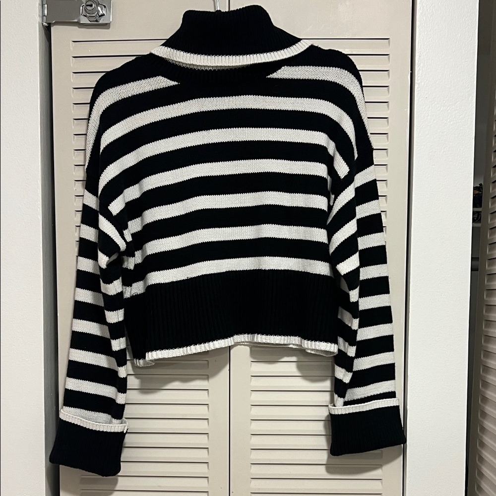 Moon River Black and White Striped Turtleneck Sweater